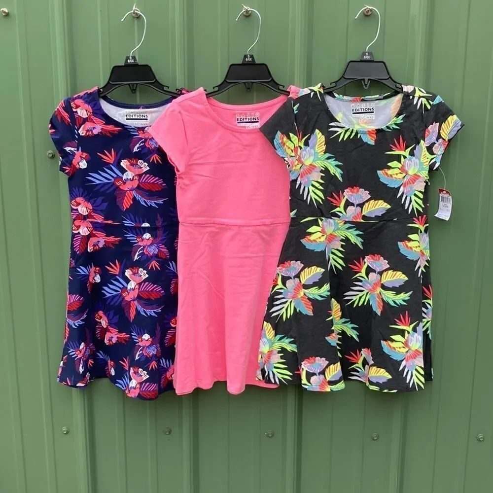 LITTLE GIRLS COTTON Tropical Print & Pink Pullover Dress 3-Piece Bundle Size S